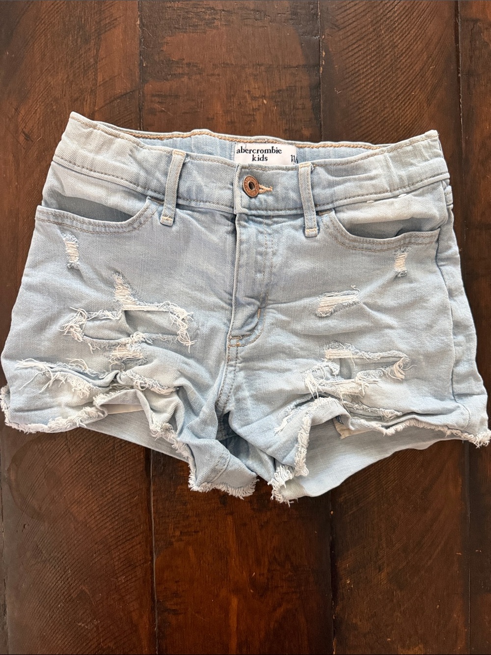 abercrombie kids light wash distressed denim shorts